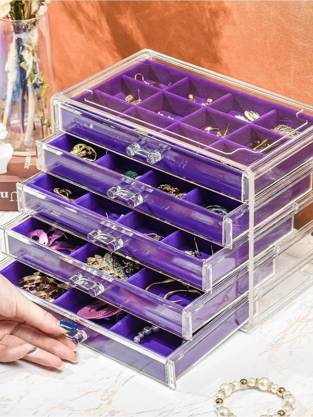 NEW Clear Acrylic Jewelry Organizer with Purple Velvet Lined Drawers